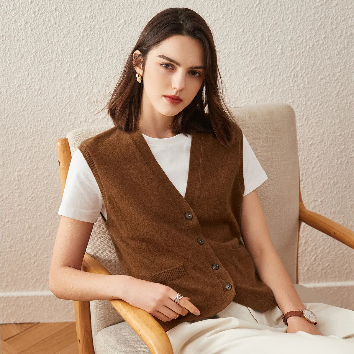 100% Cashmere Button Down Faux Pockets Vest