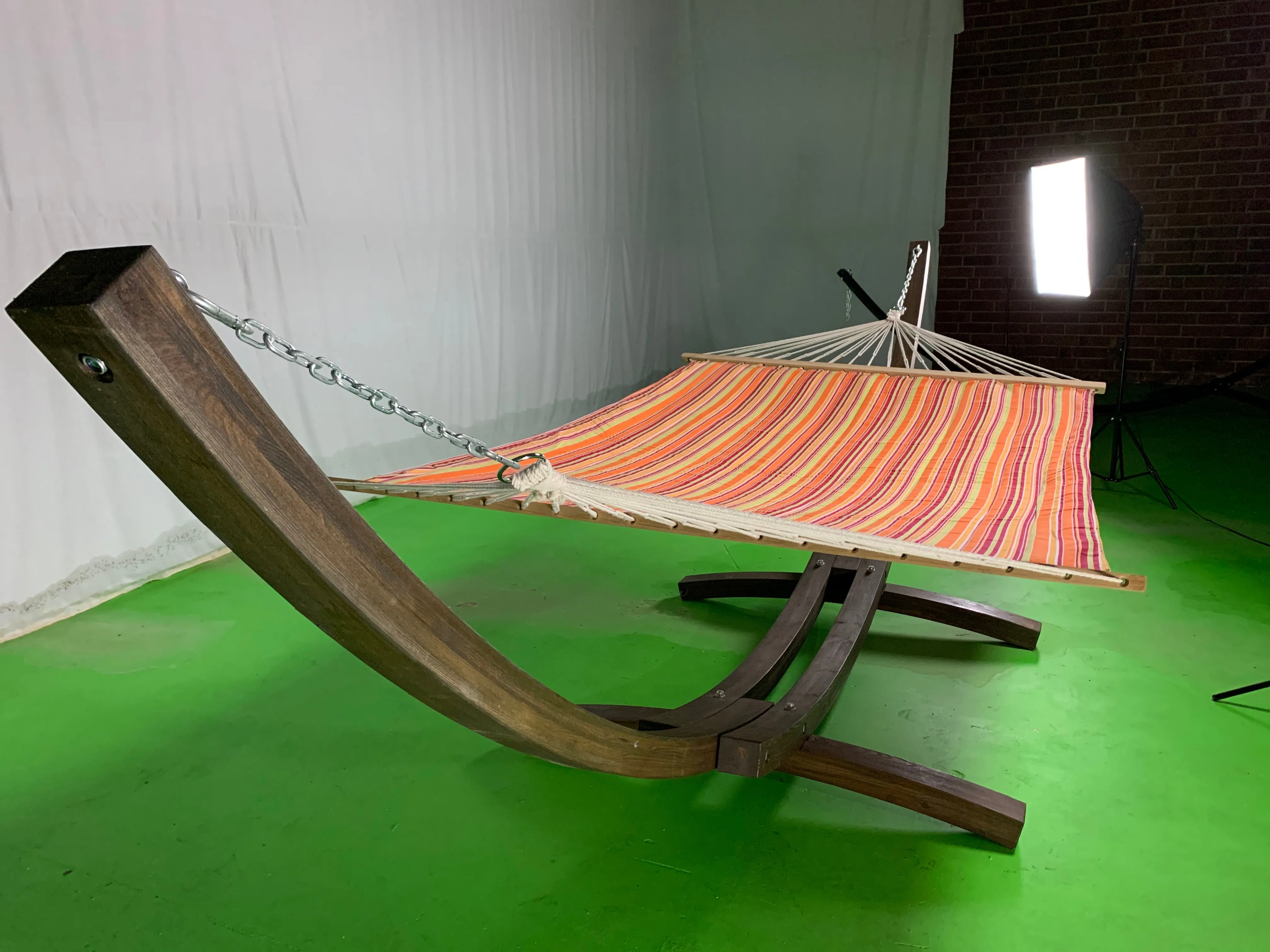 14 Ft. Coffee Stain Wooden Arc Hammock Stand & Quilted Hammock Bed.