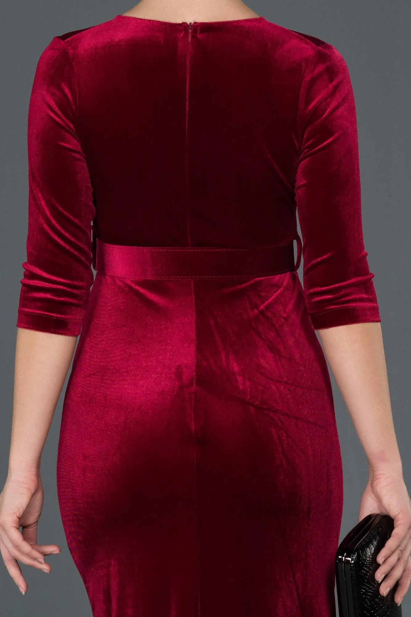 14498 Burgundy Wrap Skirt Slit Velvet Dress