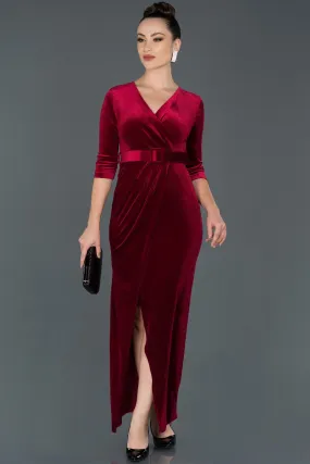 14498 Burgundy Wrap Skirt Slit Velvet Dress