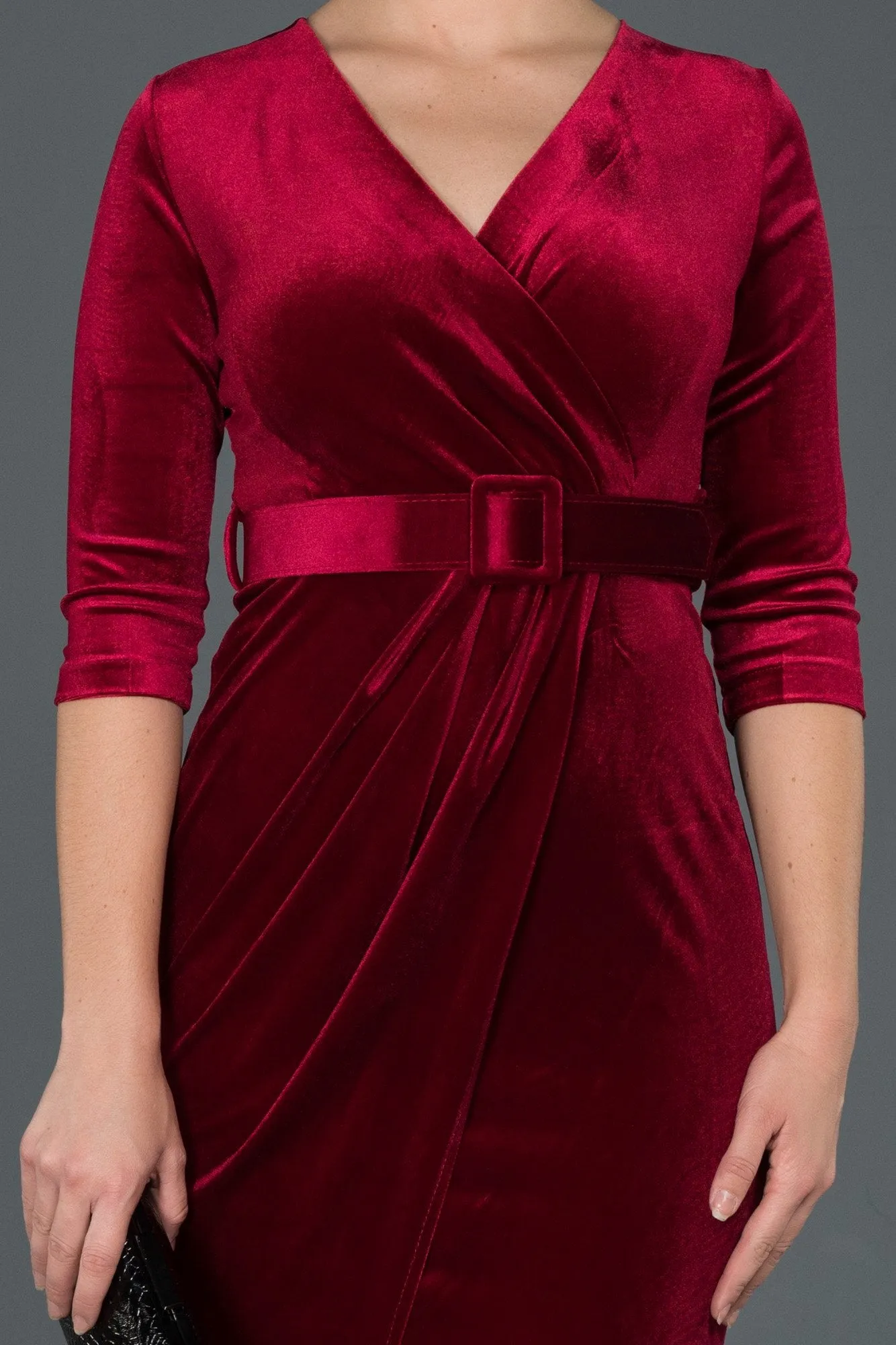 14498 Burgundy Wrap Skirt Slit Velvet Dress