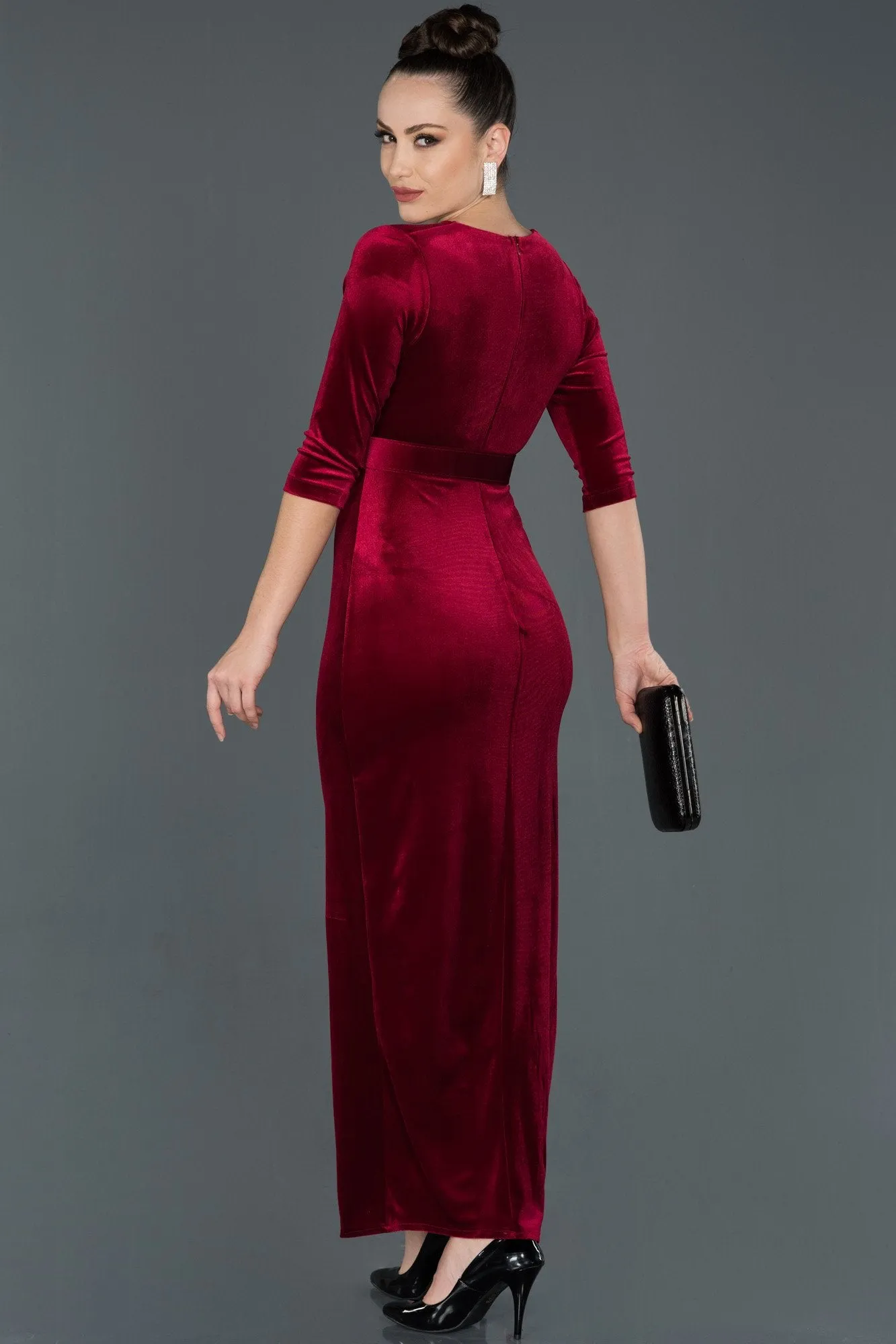 14498 Burgundy Wrap Skirt Slit Velvet Dress