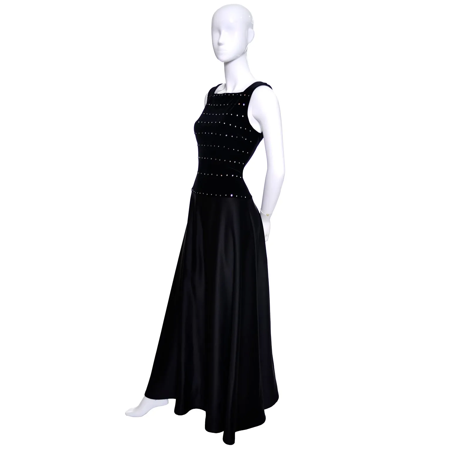 1990s Black Satin & Velvet Tadashi Shoji Vintage Evening Dress w Rhinestones