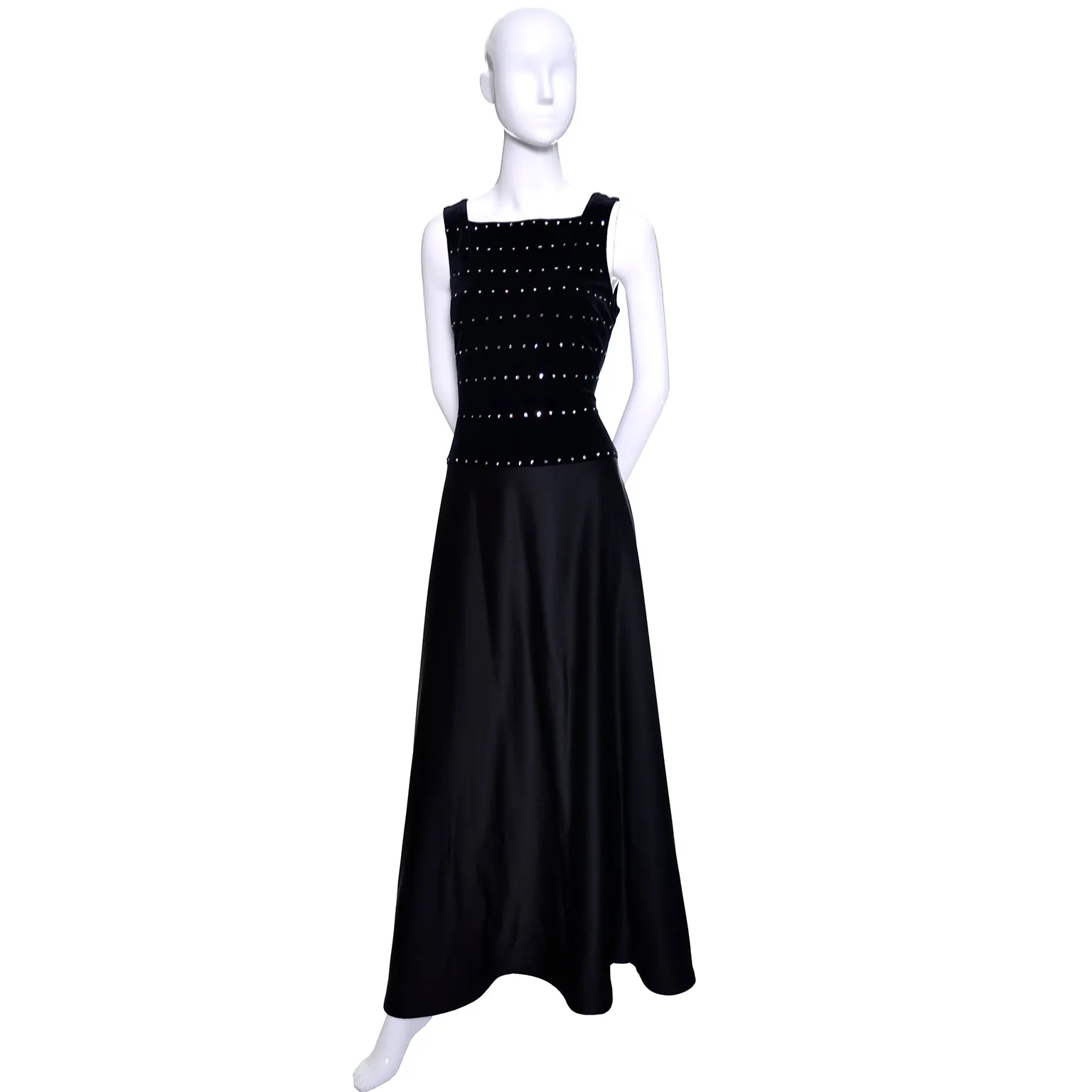 1990s Black Satin & Velvet Tadashi Shoji Vintage Evening Dress w Rhinestones