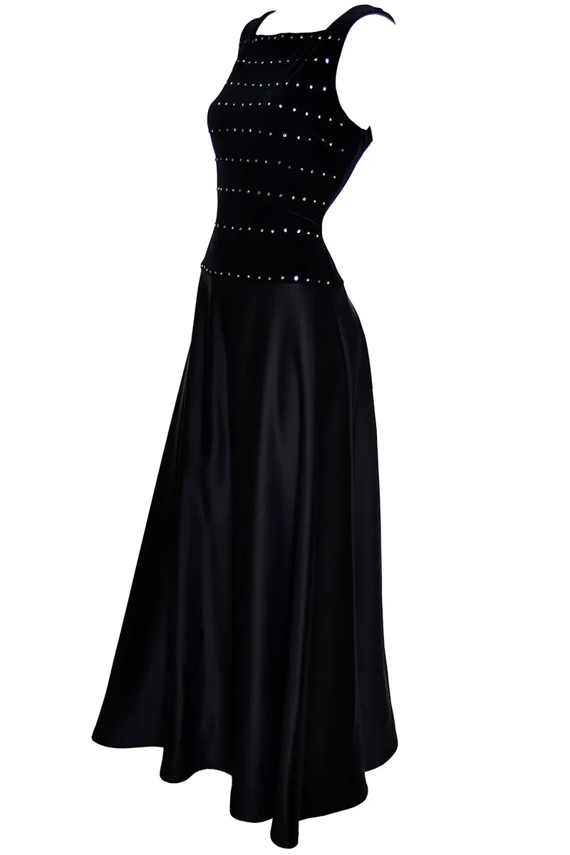 1990s Black Satin & Velvet Tadashi Shoji Vintage Evening Dress w Rhinestones