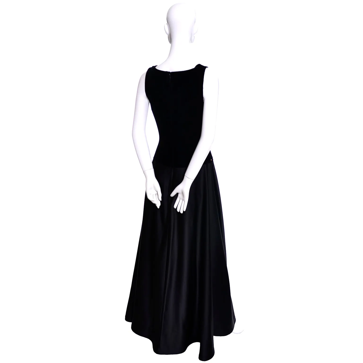 1990s Black Satin & Velvet Tadashi Shoji Vintage Evening Dress w Rhinestones