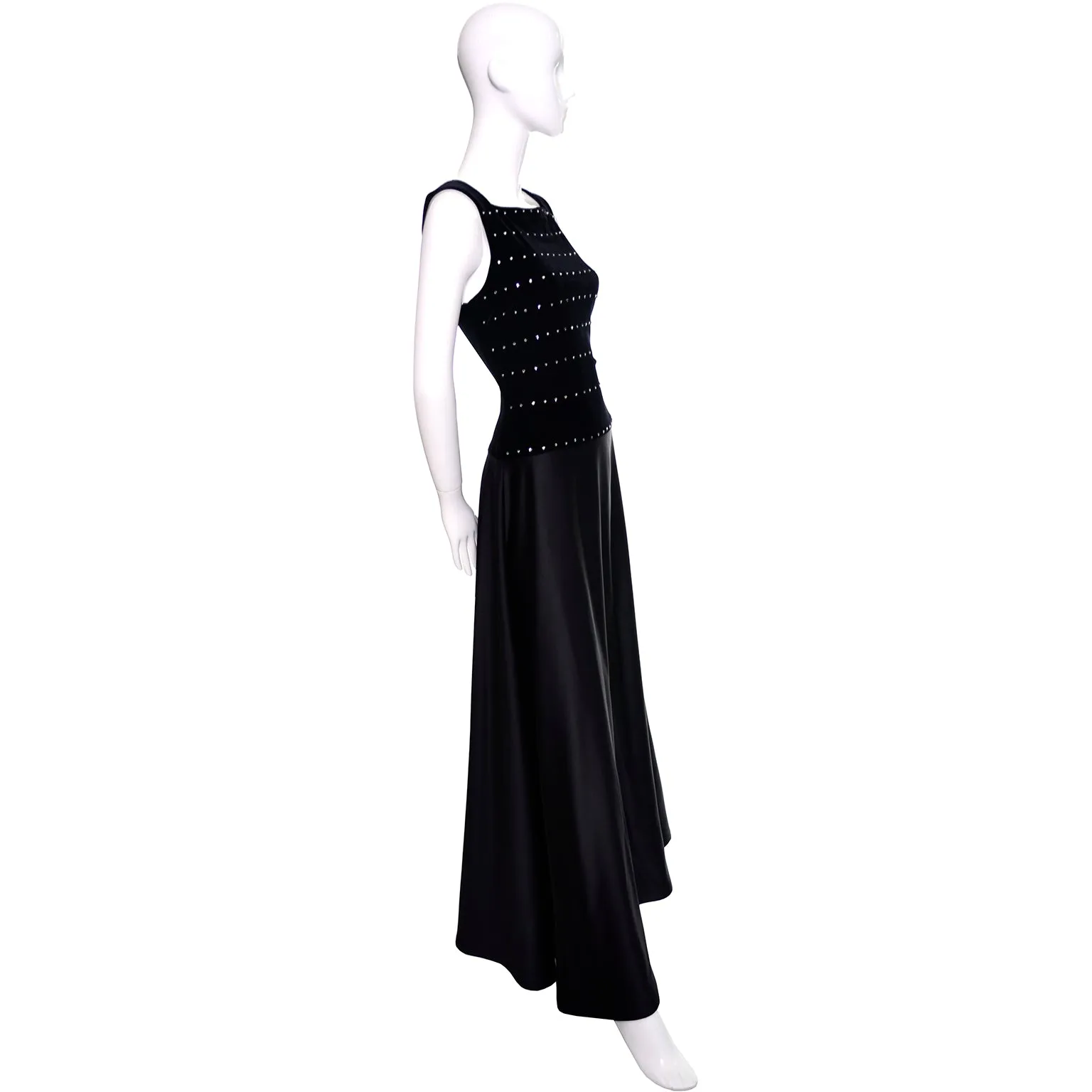 1990s Black Satin & Velvet Tadashi Shoji Vintage Evening Dress w Rhinestones