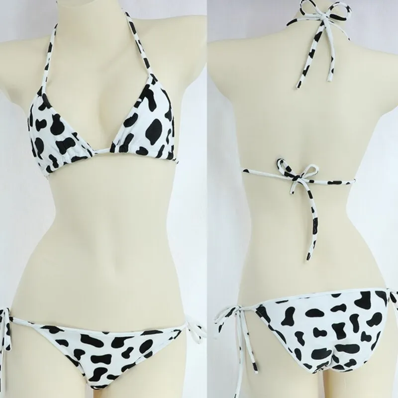 2 Piece Cute Print Tie Side Bikini Sets Japanese Cosplay Underwear Halter Bras and Side Tie Panty