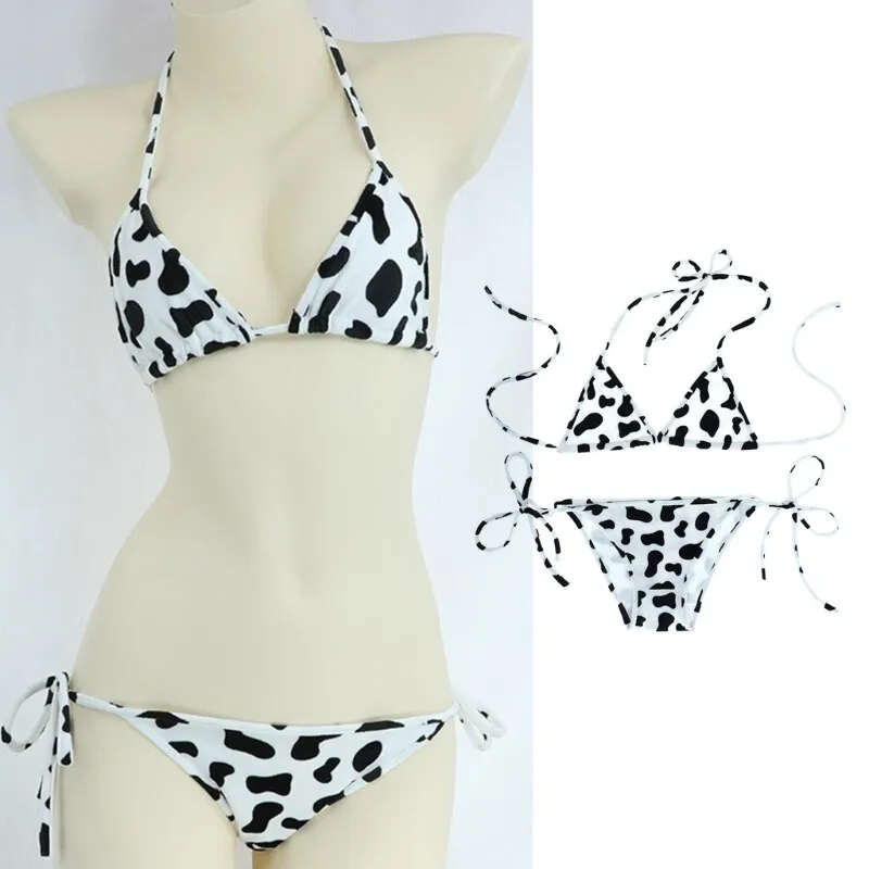 2 Piece Cute Print Tie Side Bikini Sets Japanese Cosplay Underwear Halter Bras and Side Tie Panty