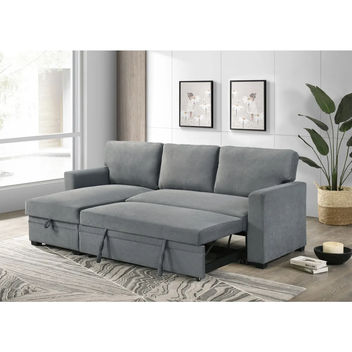 2-Piece Grey Sectional with Pull-Out Sleeper & Reversible Storage Chaise