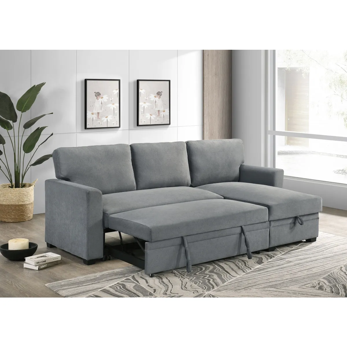 2-Piece Grey Sectional with Pull-Out Sleeper & Reversible Storage Chaise