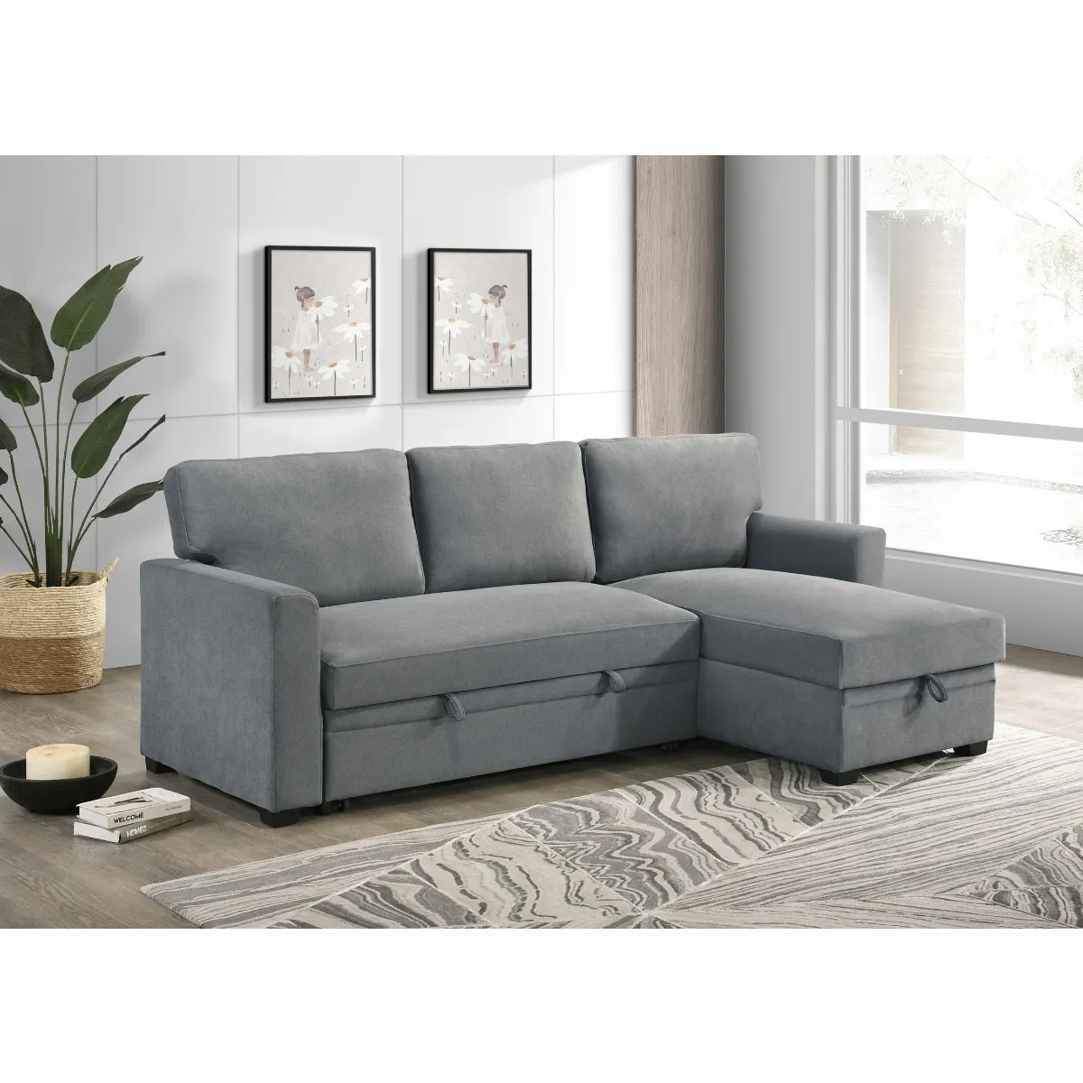 2-Piece Grey Sectional with Pull-Out Sleeper & Reversible Storage Chaise