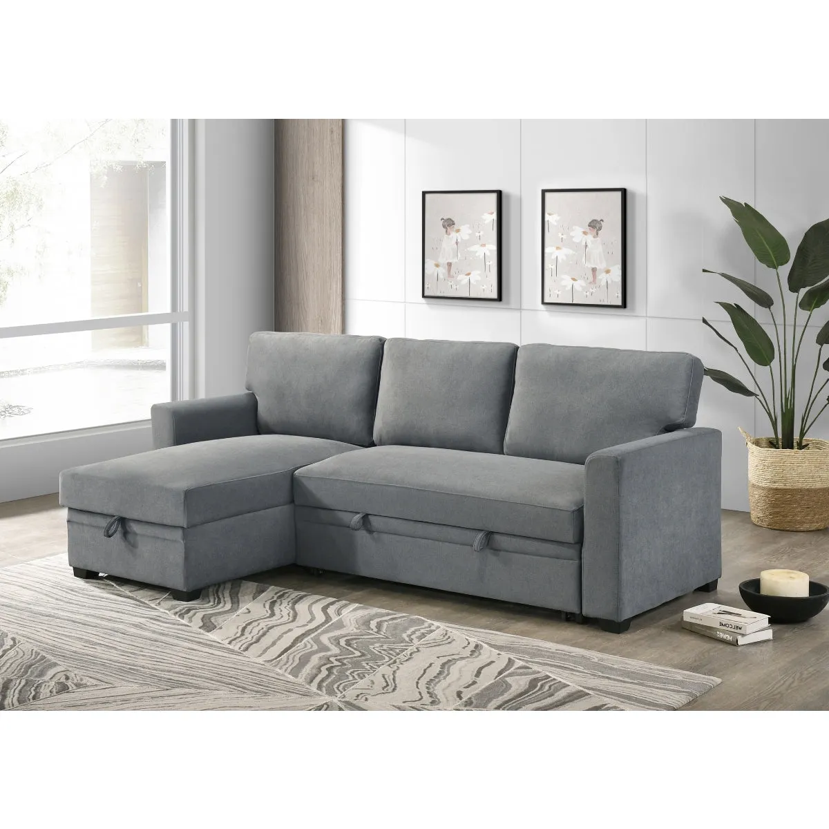 2-Piece Grey Sectional with Pull-Out Sleeper & Reversible Storage Chaise