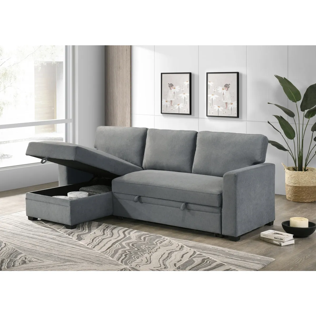 2-Piece Grey Sectional with Pull-Out Sleeper & Reversible Storage Chaise