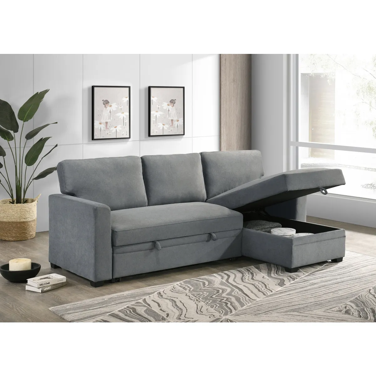 2-Piece Grey Sectional with Pull-Out Sleeper & Reversible Storage Chaise