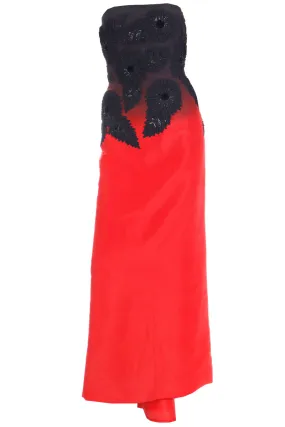 2008 Oscar de la Renta Red & Black Ombre Embroidered Evening Dress