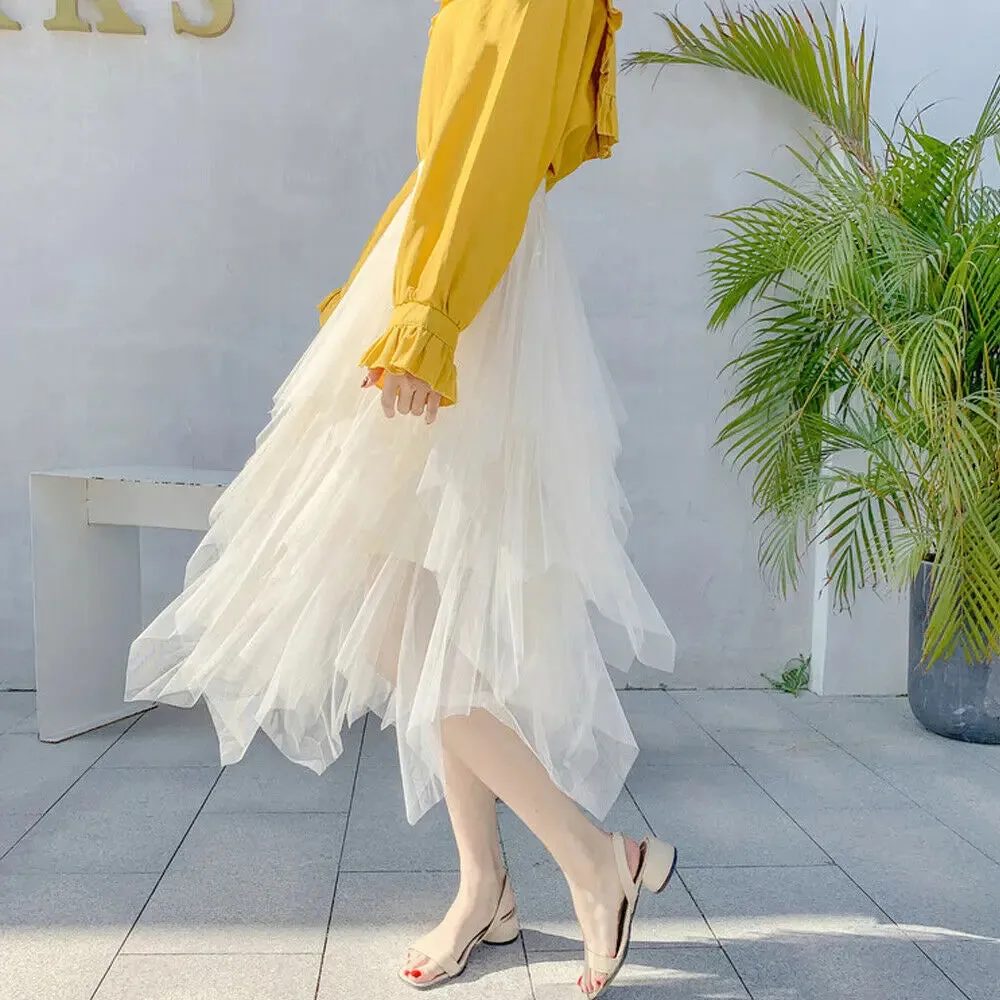 2021 Newest Hot Women's Tulle Skirt Elastic High Waist Underskirt Ballet Irregular Pleated Maxi Skirt Sheer Tutu Tulle Skirts