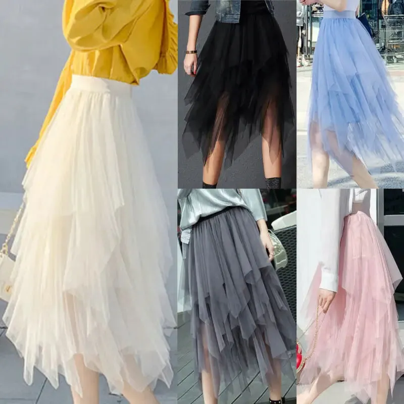 2021 Newest Hot Women's Tulle Skirt Elastic High Waist Underskirt Ballet Irregular Pleated Maxi Skirt Sheer Tutu Tulle Skirts