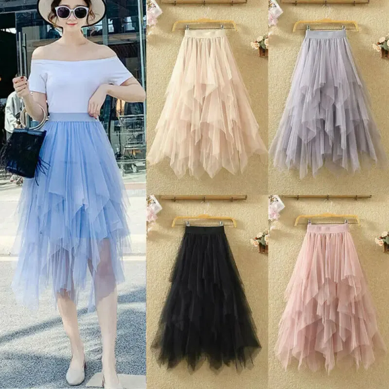 2021 Newest Hot Women's Tulle Skirt Elastic High Waist Underskirt Ballet Irregular Pleated Maxi Skirt Sheer Tutu Tulle Skirts