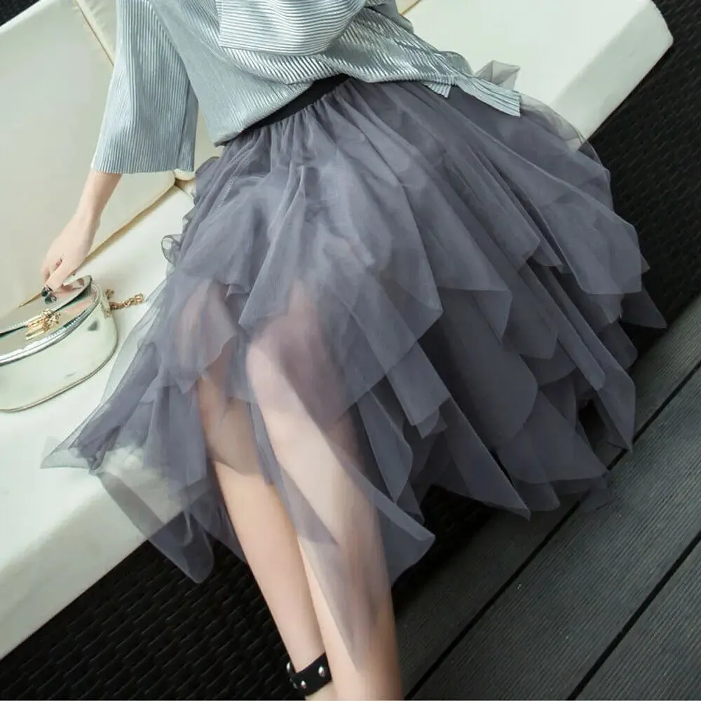 2021 Newest Hot Women's Tulle Skirt Elastic High Waist Underskirt Ballet Irregular Pleated Maxi Skirt Sheer Tutu Tulle Skirts