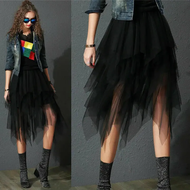 2021 Newest Hot Women's Tulle Skirt Elastic High Waist Underskirt Ballet Irregular Pleated Maxi Skirt Sheer Tutu Tulle Skirts