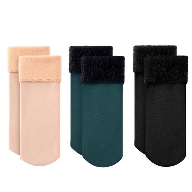 3 Pairs Winter Warm Women Socks Solid Color Thicken Thermal Socks Soft Plus Velvet Socks