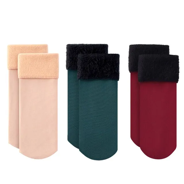 3 Pairs Winter Warm Women Socks Solid Color Thicken Thermal Socks Soft Plus Velvet Socks