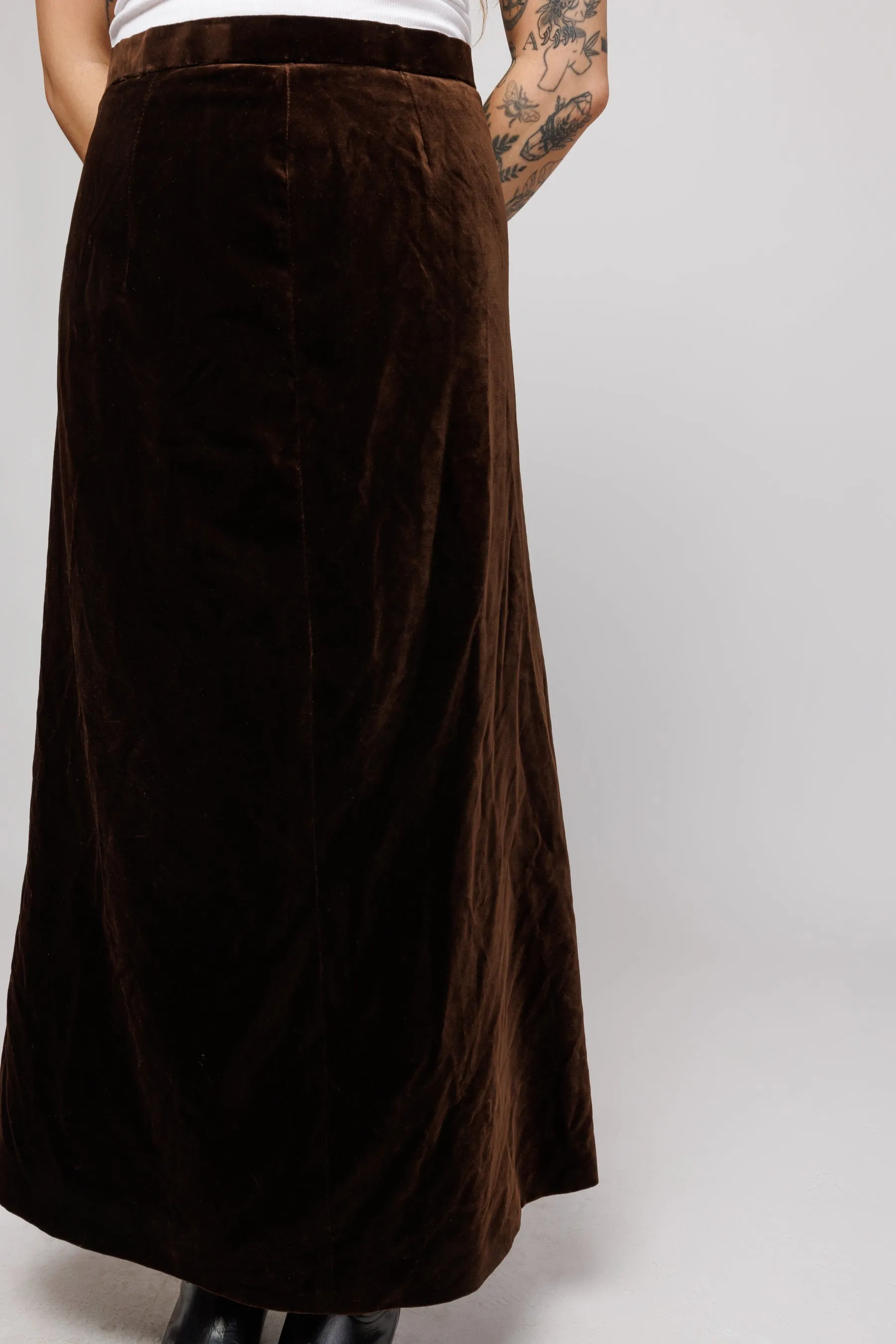 70's Brown Velvet Maxi Skirt S/M