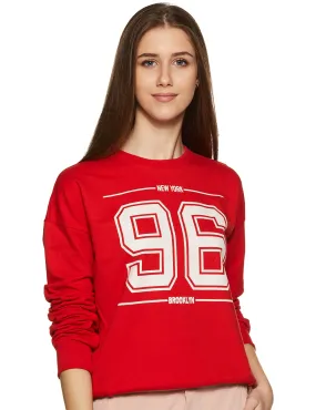 Amazon Brand - Symbol Women's Cotton Blend Round Neck Placement Print Regular Fit Sweatshirt (AW18WNSSW20_Fire Red L)