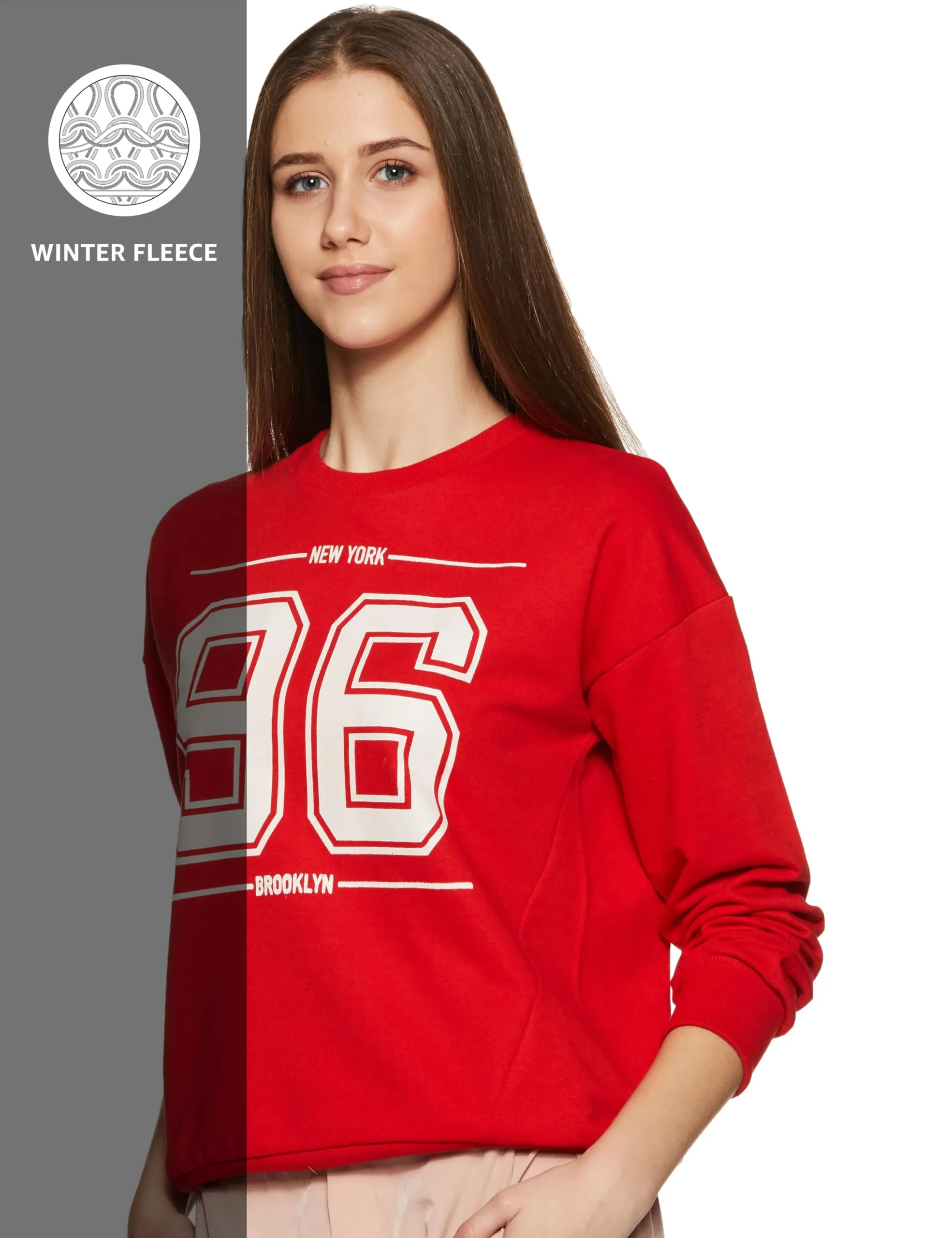 Amazon Brand - Symbol Women's Cotton Blend Round Neck Placement Print Regular Fit Sweatshirt (AW18WNSSW20_Fire Red L)