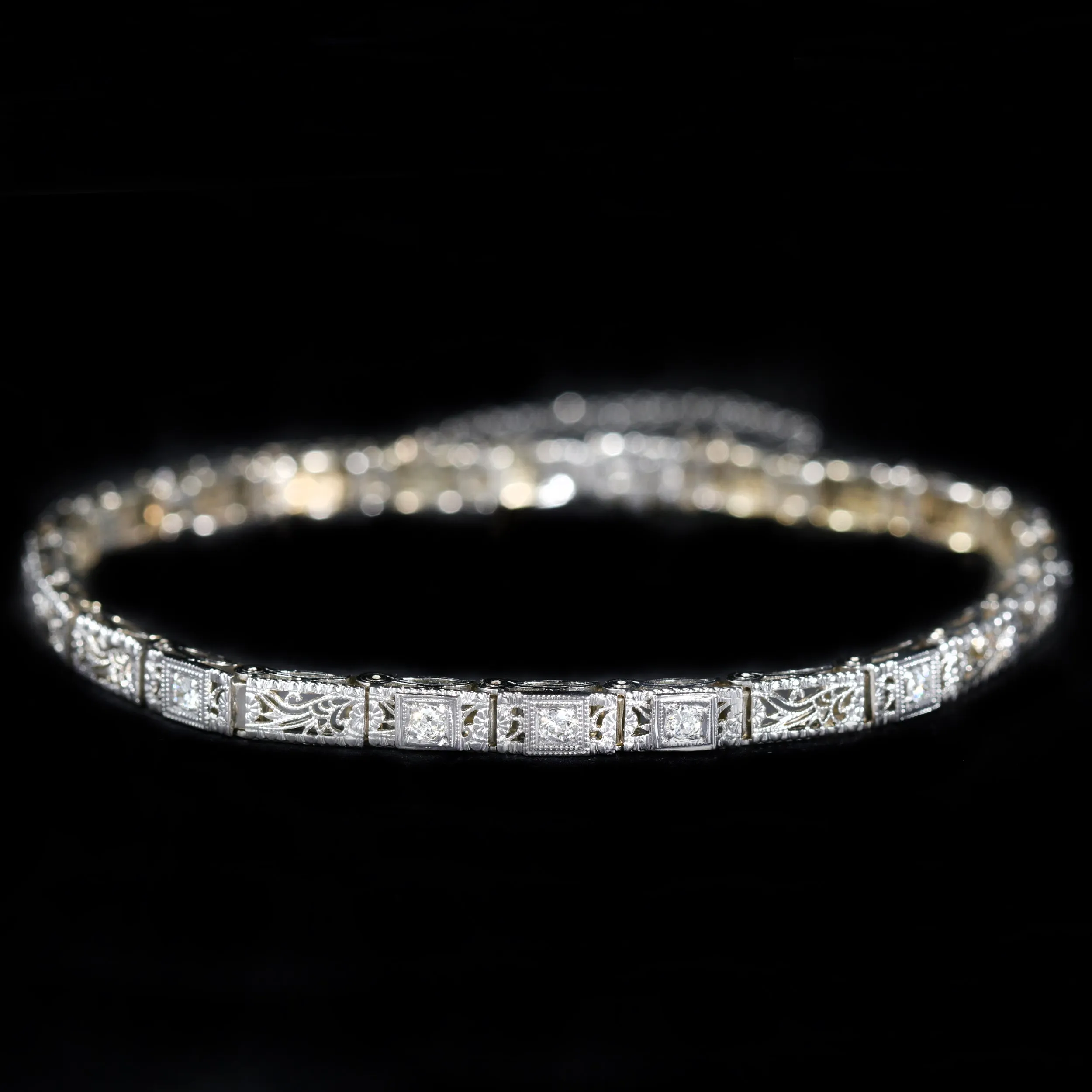 Art Deco 14K White Gold 0.15 CTW Old European Cut Diamond Bracelet