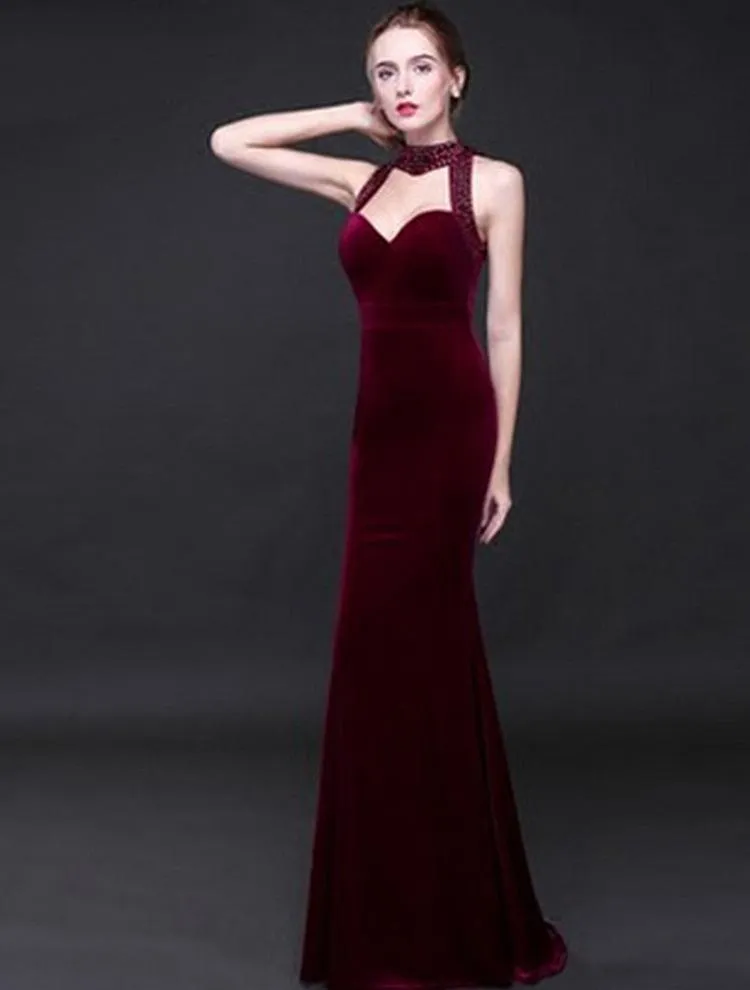 Autumn And Winter New Fishtail Velvet Long Evening Maxi Dress