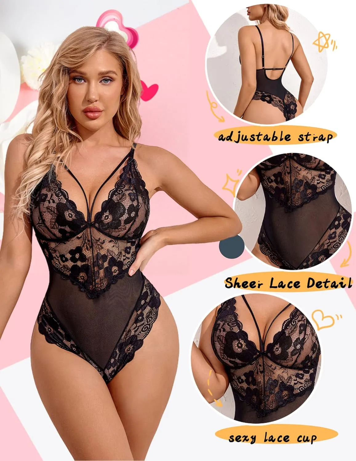 Avidlove Women's Lace Teddy Bodysuit - Sexy Snap Crotch Lingerie Mini Babydoll