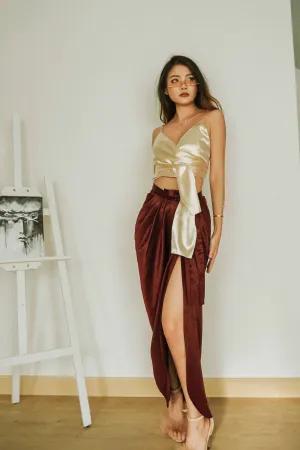 Benz Draped Maxi Skirt in Velvet Maroon