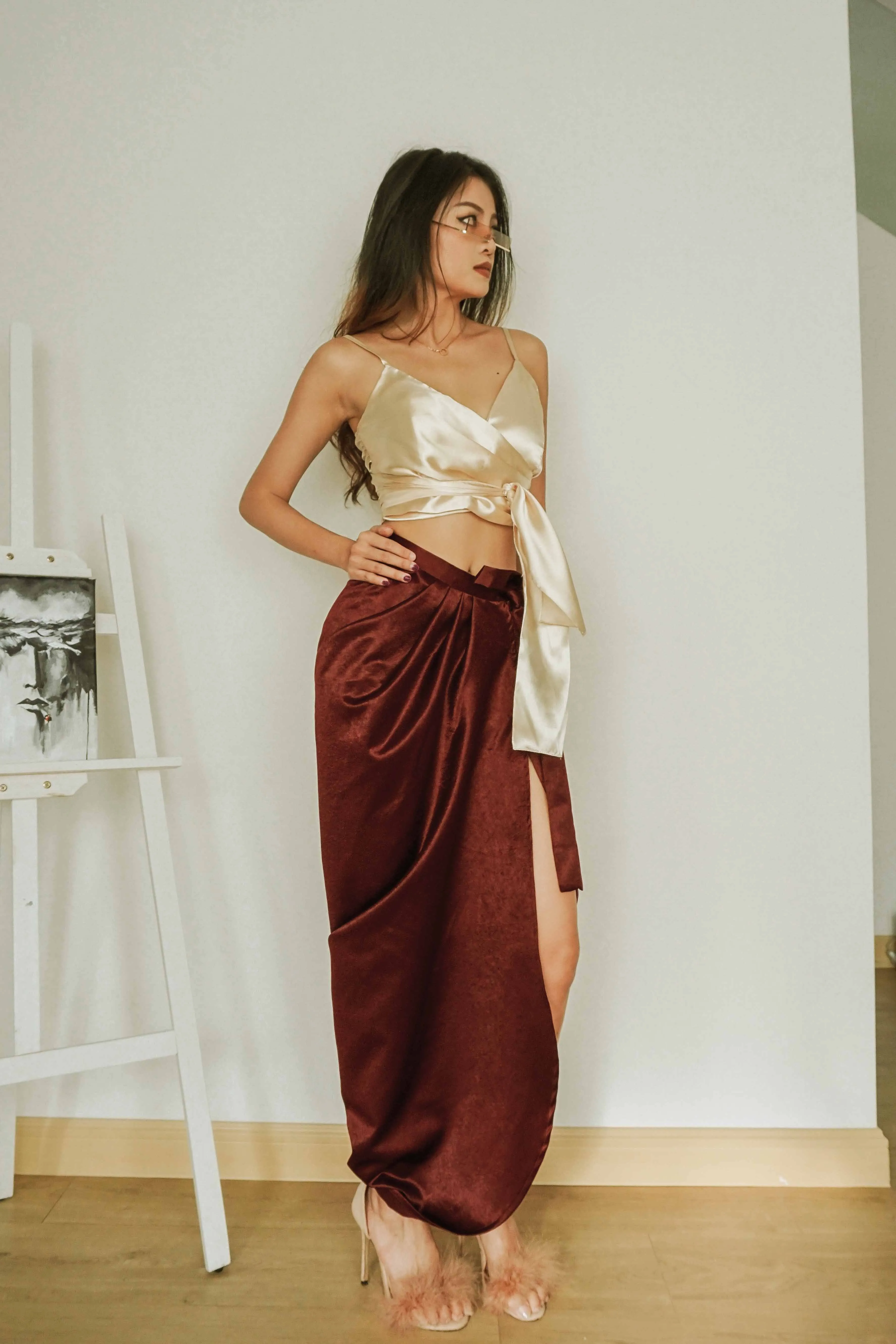 Benz Draped Maxi Skirt in Velvet Maroon