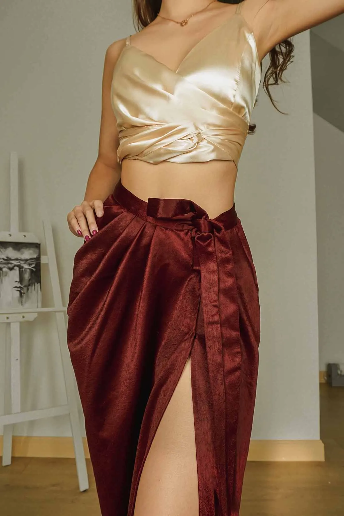 Benz Draped Maxi Skirt in Velvet Maroon