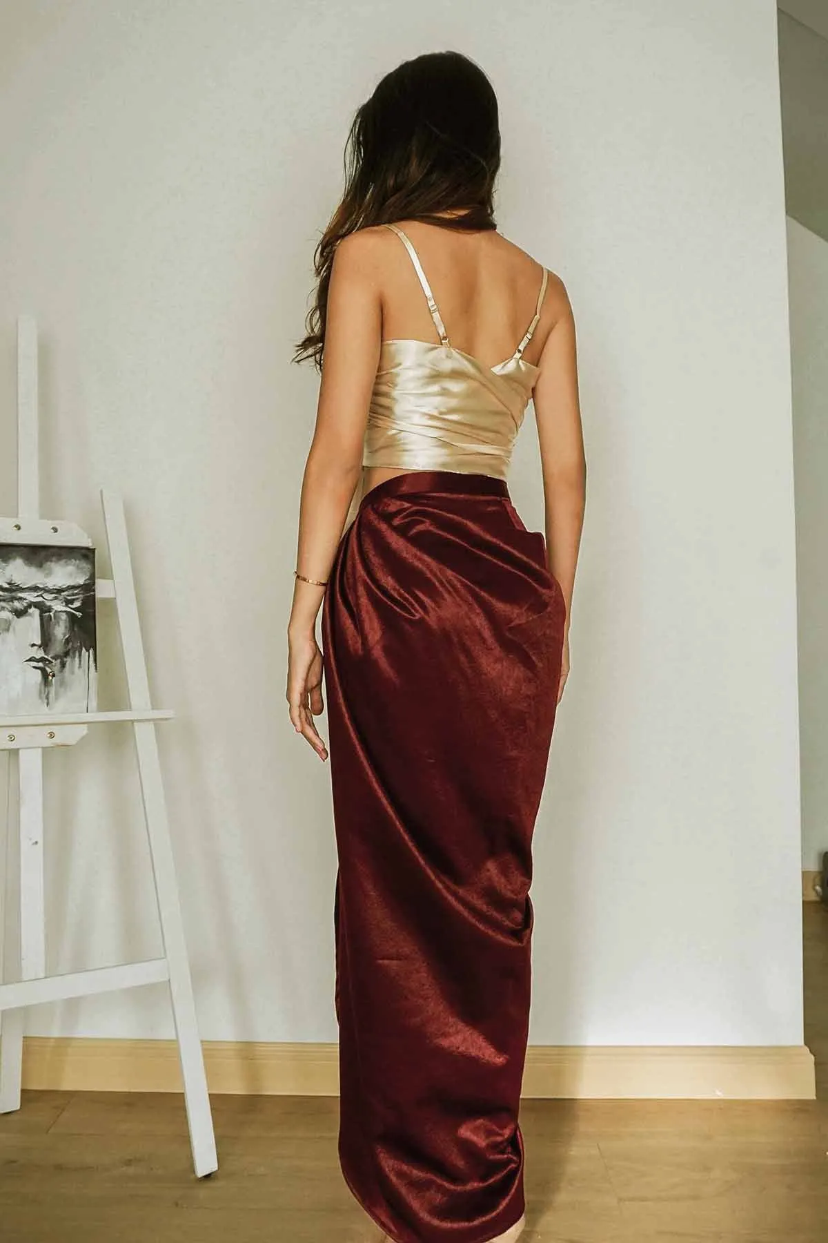 Benz Draped Maxi Skirt in Velvet Maroon