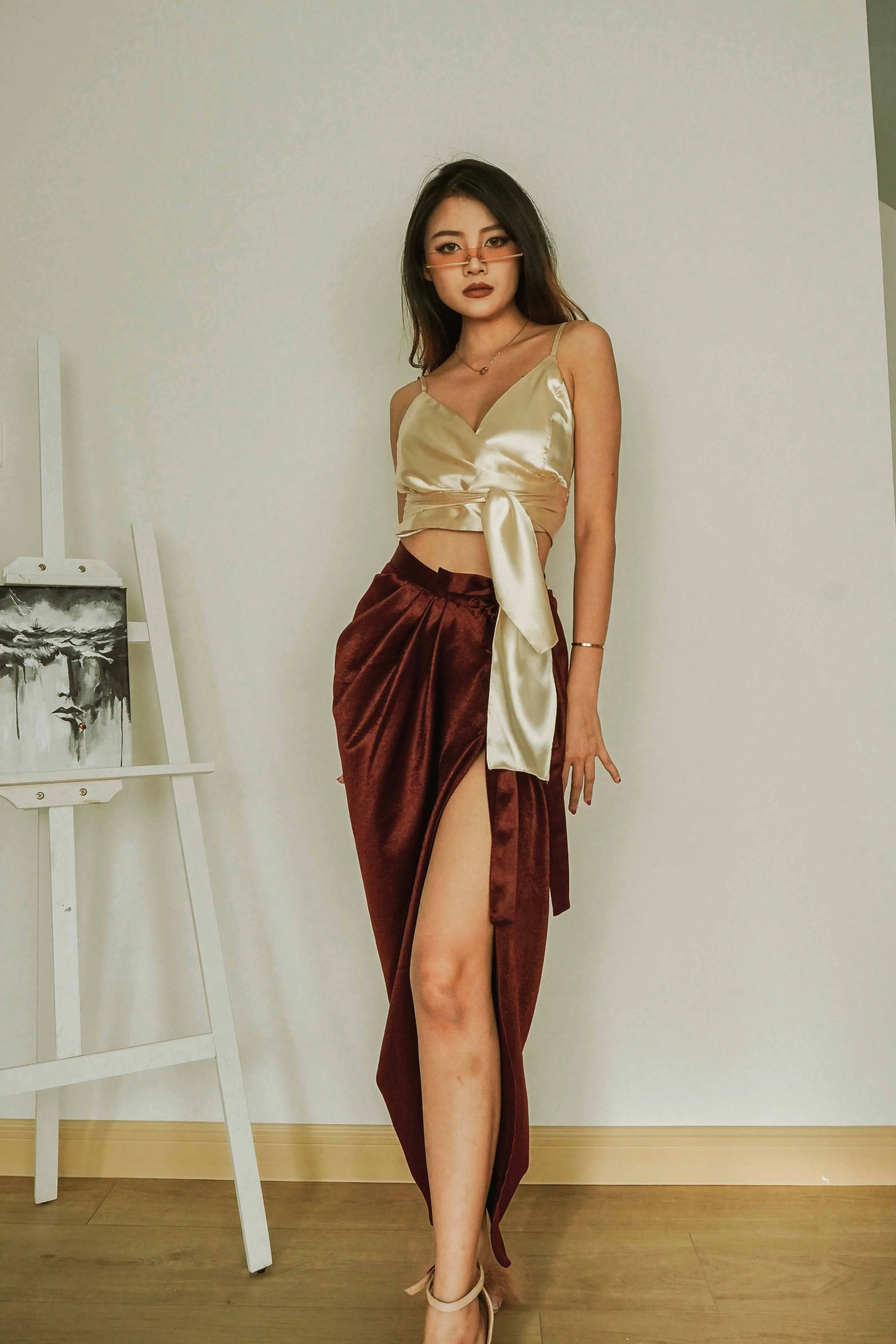 Benz Draped Maxi Skirt in Velvet Maroon