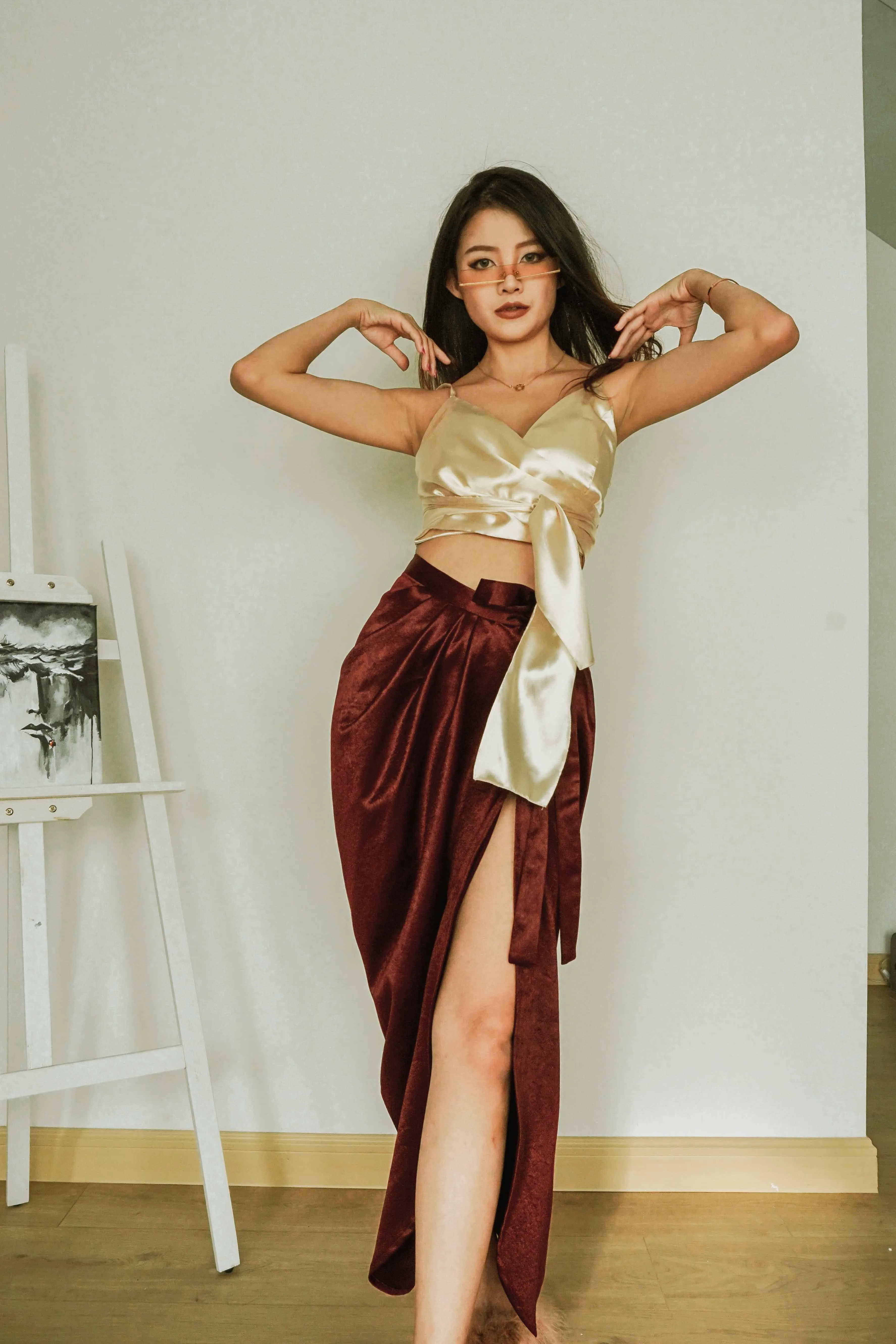 Benz Draped Maxi Skirt in Velvet Maroon