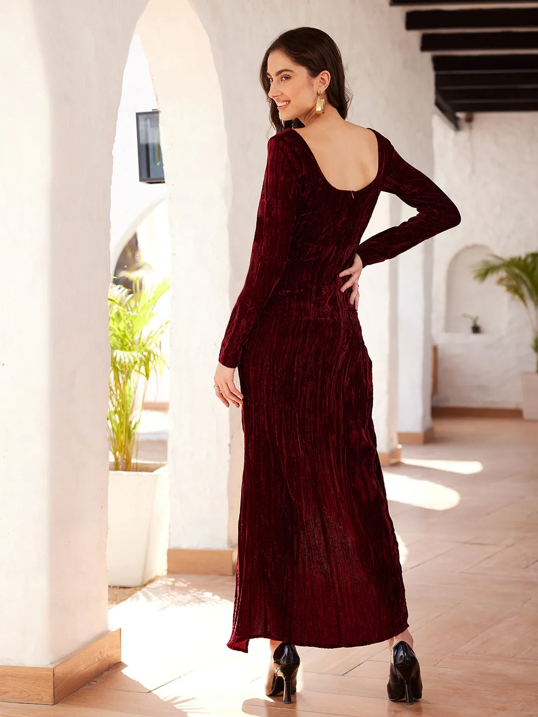 Berrylush Women Solid Red V-Neck Velvet Thigh-High Slit Straight Hem Knitted A-Line Maxi Dress