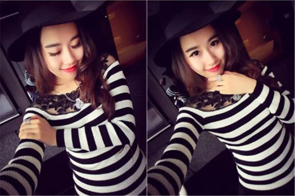 black and white striped blouse Knitted women tops fashion 2017 Elegant lace embroidery shirts long sleeve knitwear Female Blusa