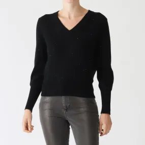 Black Crystal Vee Cashmere Sweater