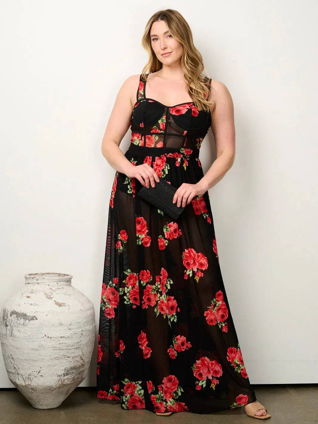 Black Floral Sleeveless Maxi Dress