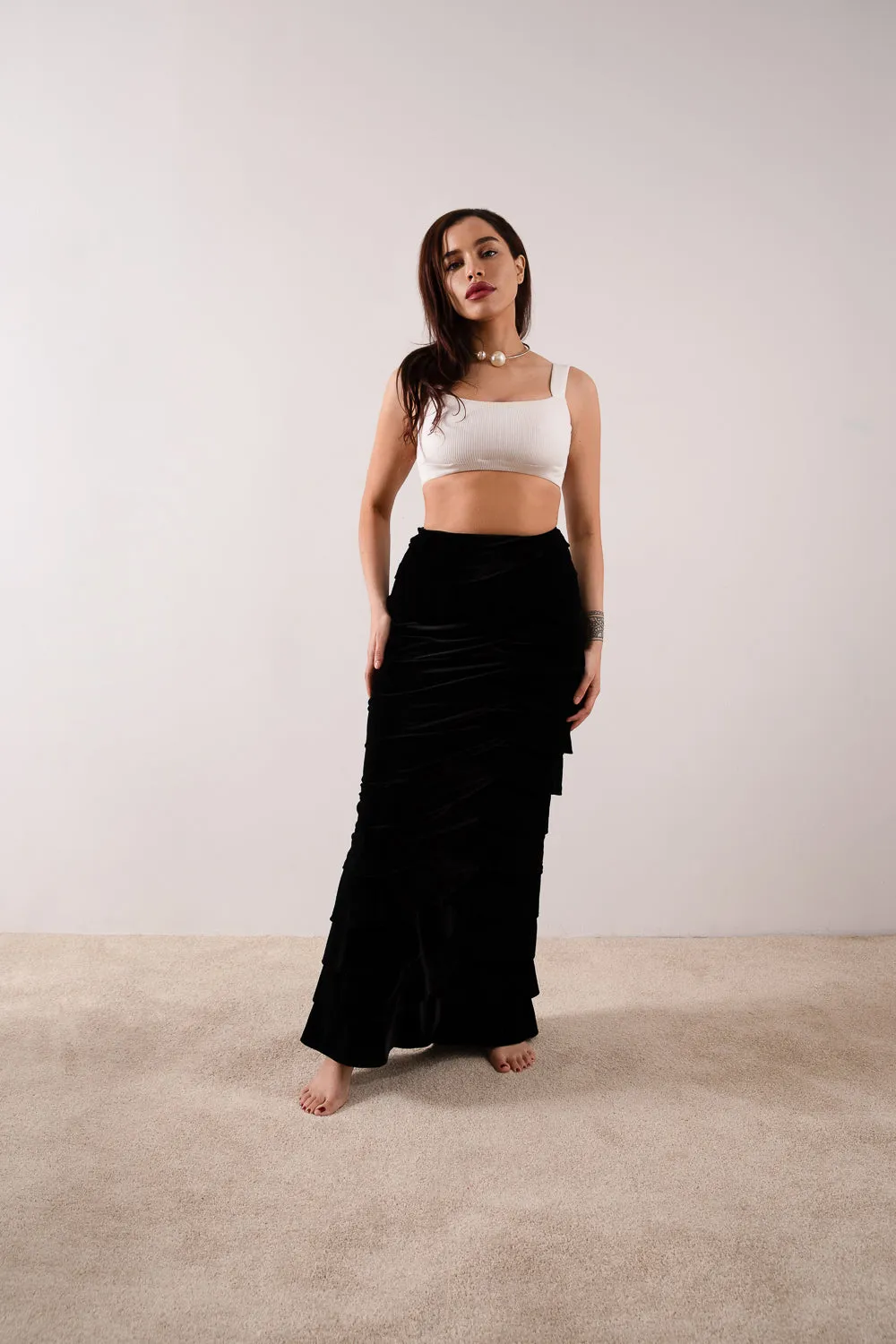 Black Velvet Tiered Maxi Skirt / Size 8