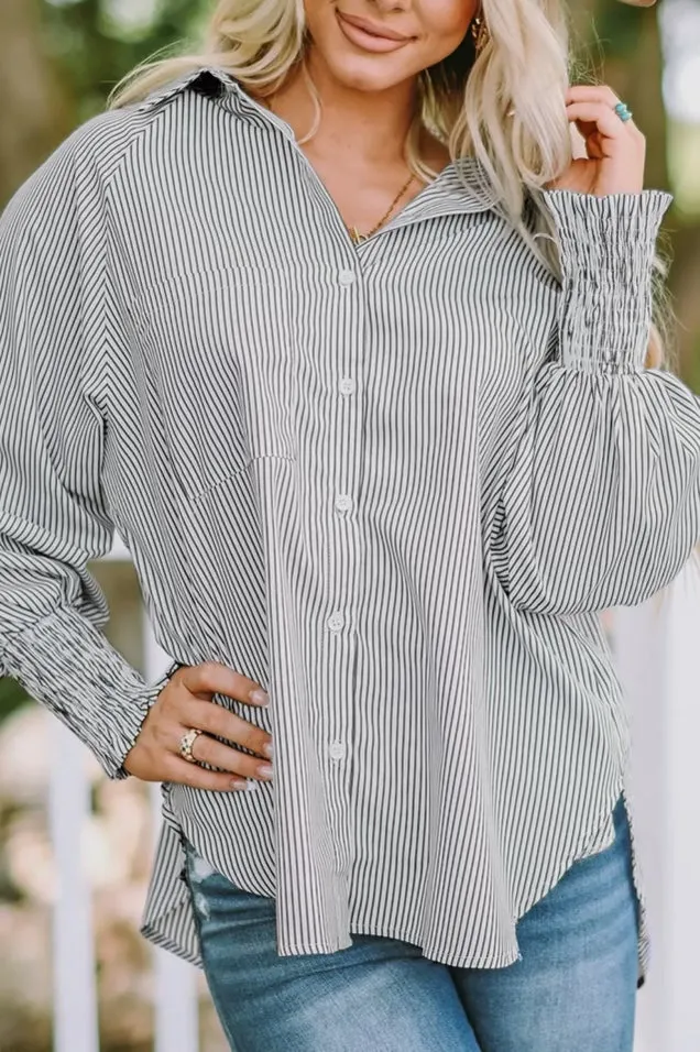 Blouse - Ldc Smocked Cuffed Striped Boyfriend Shirt With Pocket, Also Plus Size