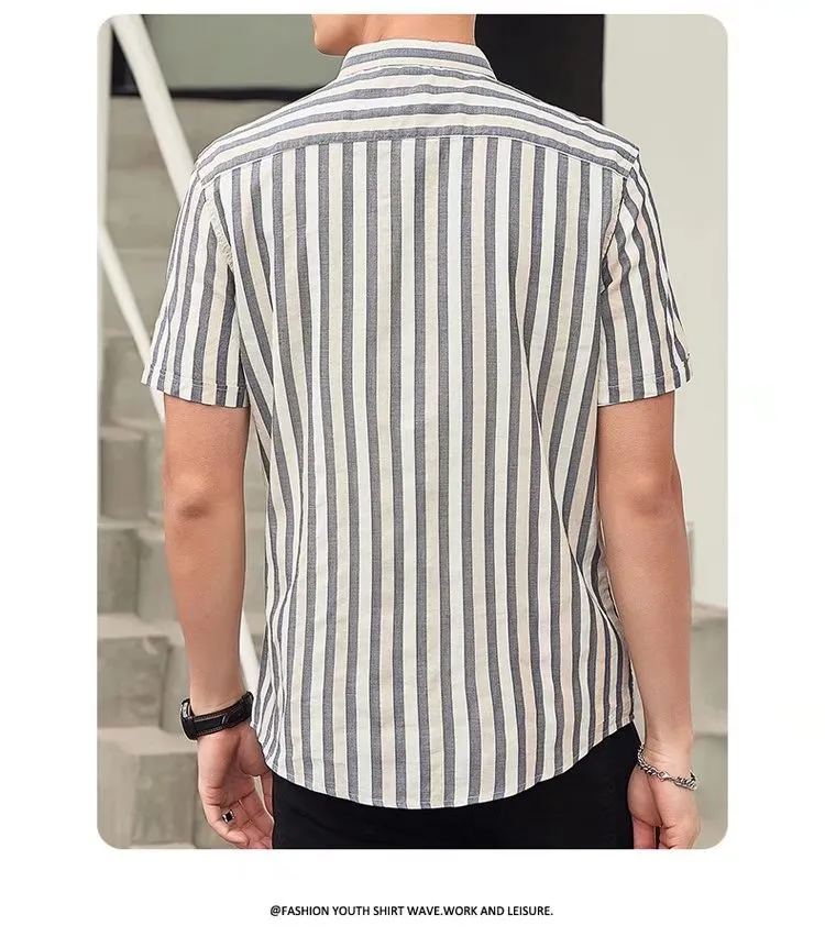 Blue Korean stripe short sleeve shirt for men