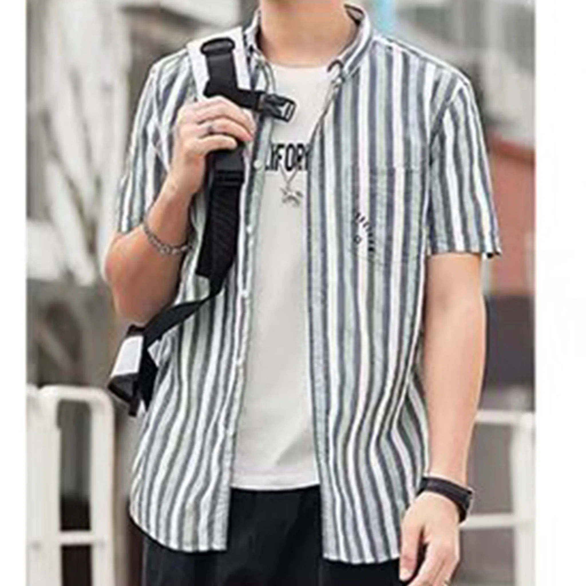 Blue Korean stripe short sleeve shirt for men