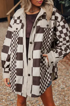 Brown Checkered Print Patchwork Corduroy Shacket