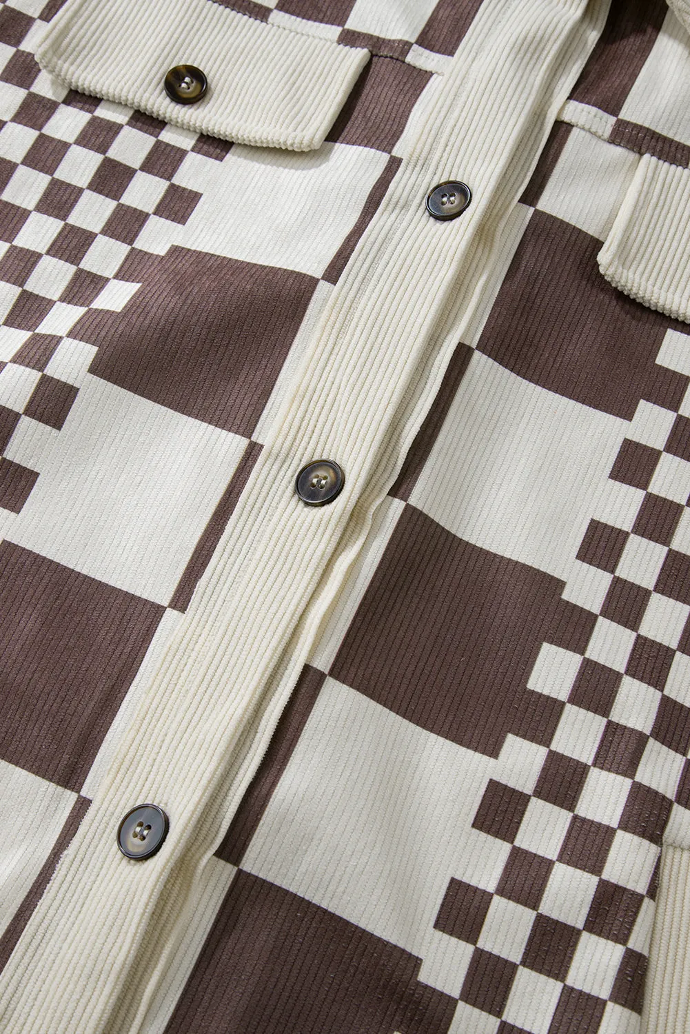 Brown Checkered Print Patchwork Corduroy Shacket