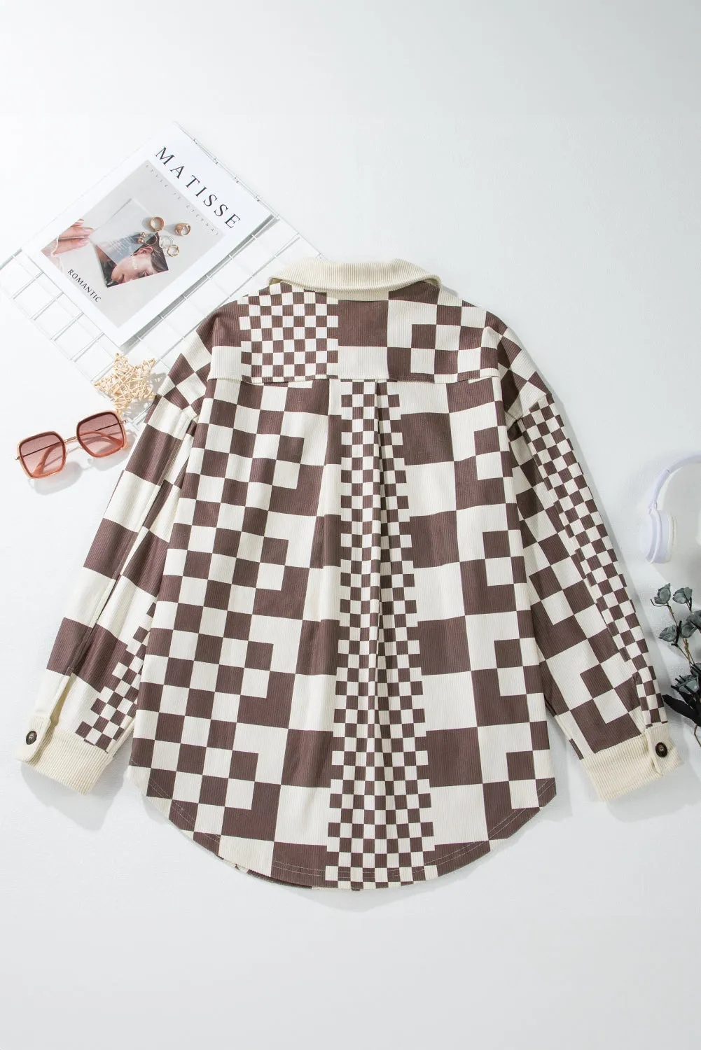 Brown Checkered Print Patchwork Corduroy Shacket